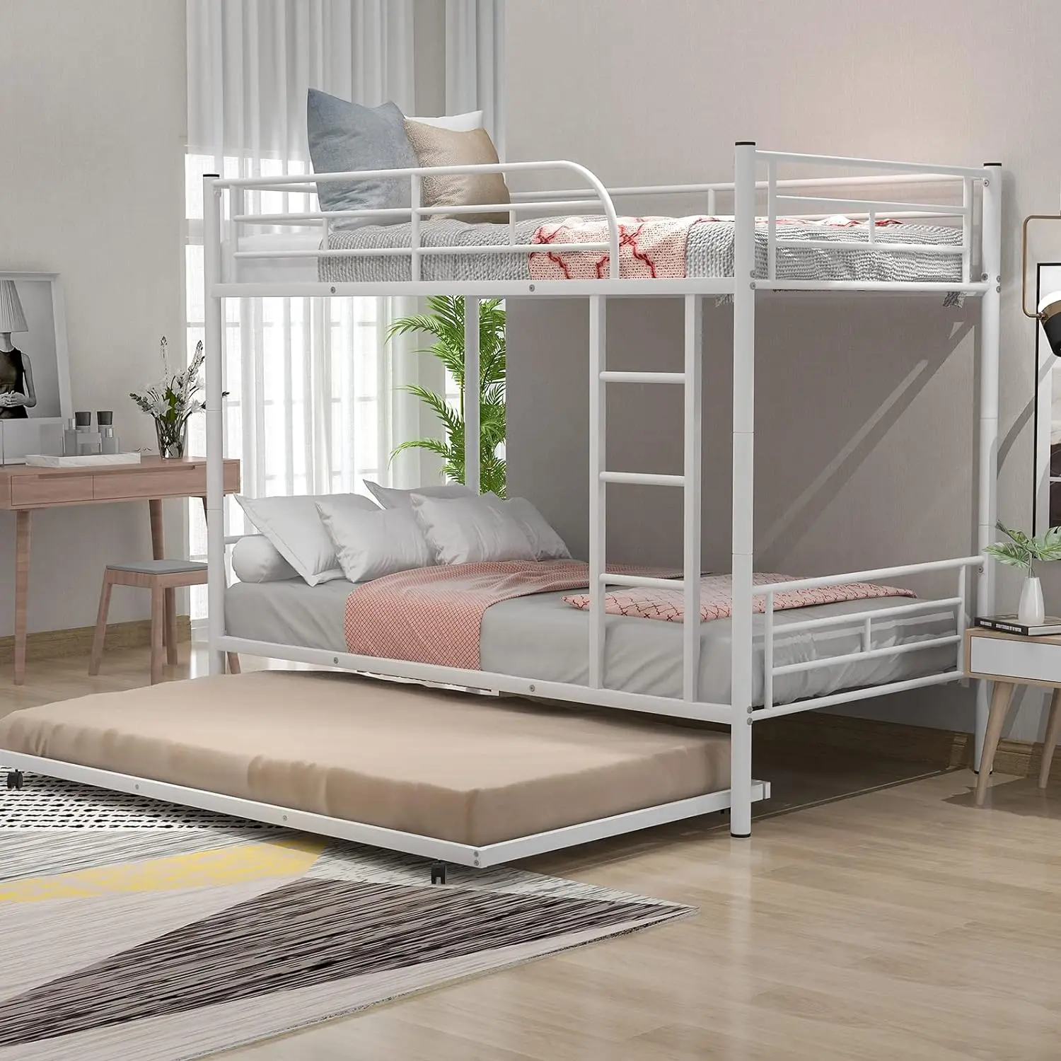 

Twin Over Twin Bunk Bed with Trundle,Heavy Duty Twin Size Bunk Beds Frame with Safety Guardrails and ladders for Kids/Teen/Adult