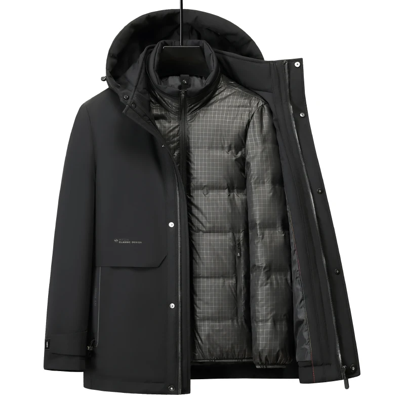Casual Men's Warm Hooded Duck Down Jackets 2025 Winter Liner & Hat Detachable Outwear Windproof Thicken Top Puffer Coat Clothing