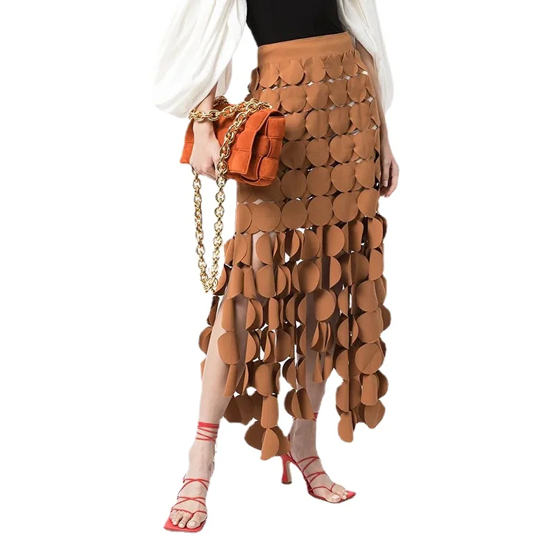 Runway Dress with Fringe, High Waist, Monochrome Skirt, Splicing Round Piece, Early Spring Temperament, New Design Sense