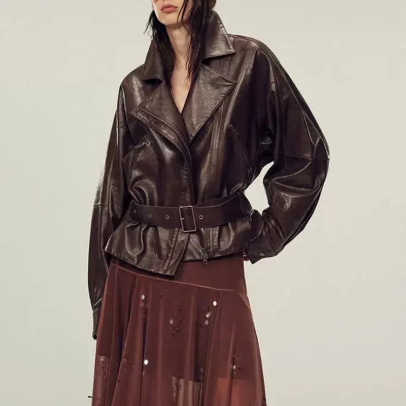 Women's Sheepskin Jacket Autumn Fashion Light Wax Vegetable Tanned Leather Coat Zipper Belt Slim Moto Biker Jacket Oversized