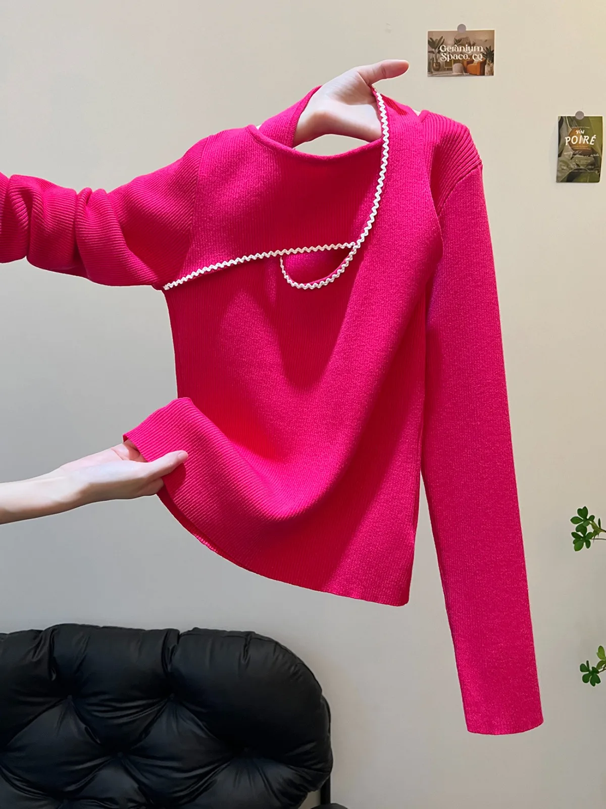 เสื้อไหมพรมถักแบบยาวสไตล์เกาหลี ดีไซน์เว้าลาย  สีพื้น เรียบง่าย เหมาะสำหรับใส่ทำงาน ฤดูใบไม้ร่วง ฤดูหนาว สำหรับผู้หญิง...