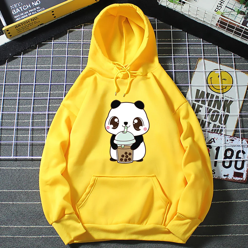 Sudadera con capucha con estampado de Panda para beber té de la leche, sudadera de manga larga con estampado de dibujos animados para mujer, ropa de talla europea para niña