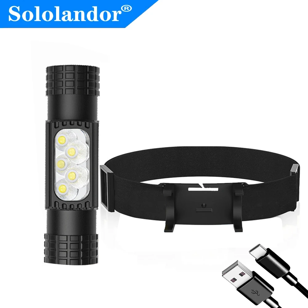 SOLOLANDOR 캠핑 사냥용 LED 헤드램프, 강력한 헤드라이트, USB 충전식, C타입 헤드 토치, 6 모드 표시기 