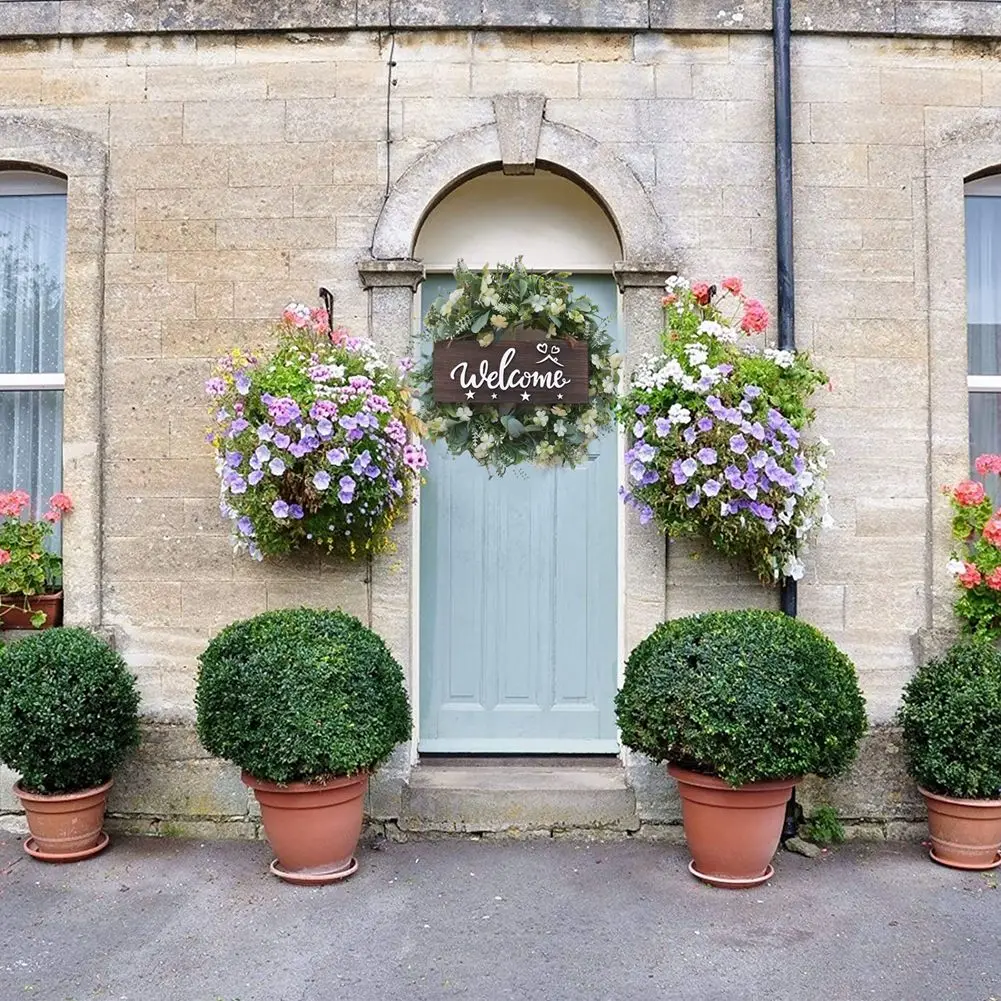 Искусственный венок, магазин добро пожаловать в переднюю фотографию, венок для растений в фермерском стиле с цветочным оформлением, свадебное украшение