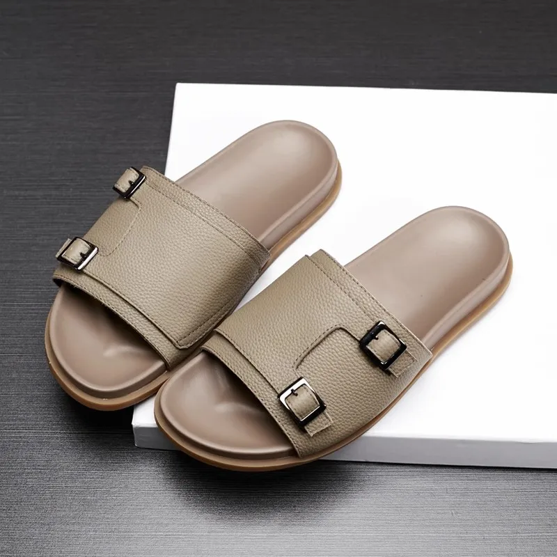 Mens Summer Male Genuine Leather Slippers Men All-match Cowhide Sandals Leisure Shoes Sneakers Flip Flops Beach Outdoor Leisure