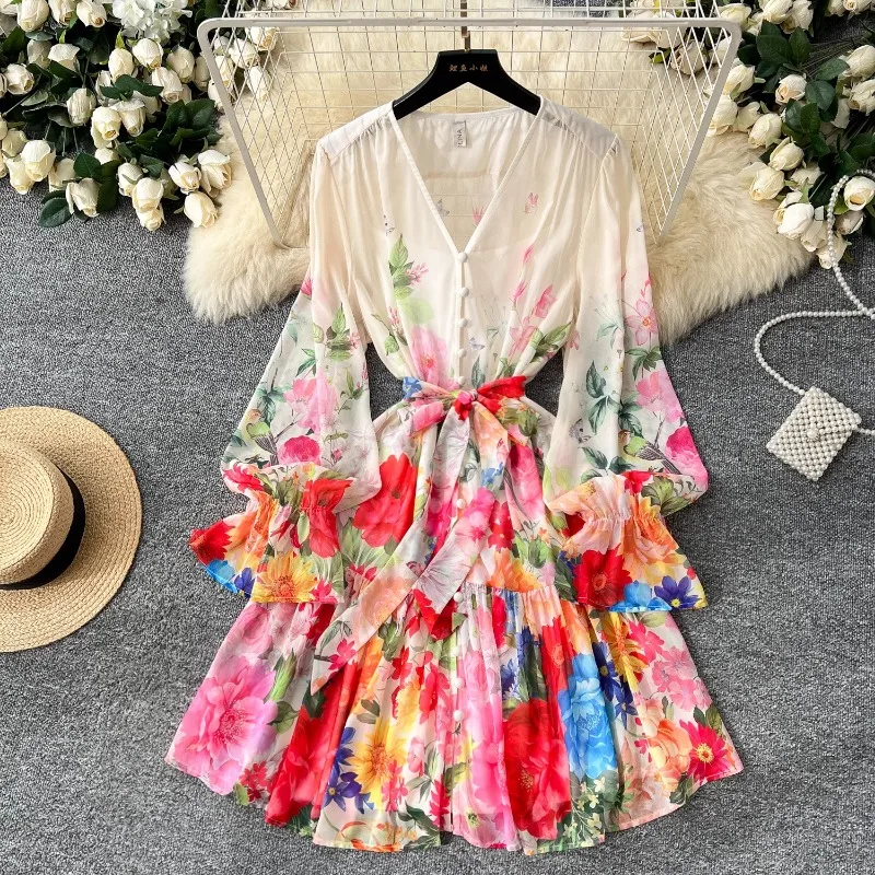 

Elegant floral print dress women's summer Dresses New Skinny high waist Lace up Button V-neck Full flared sleeve Maxi Dress