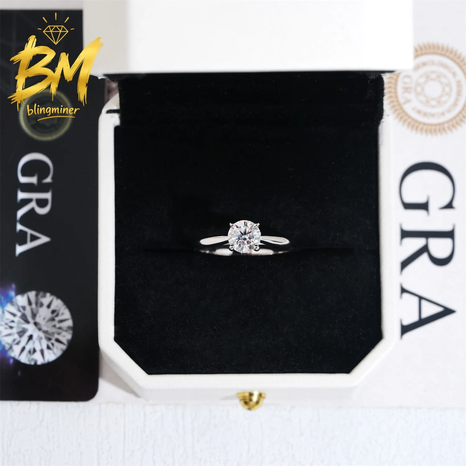 Blingminer 1Ct 4 Prong Round S925 Silver VVS Moissanite Rings Engagement Wedding Women Finger Jewelry Pass Diamonds Free Shippin