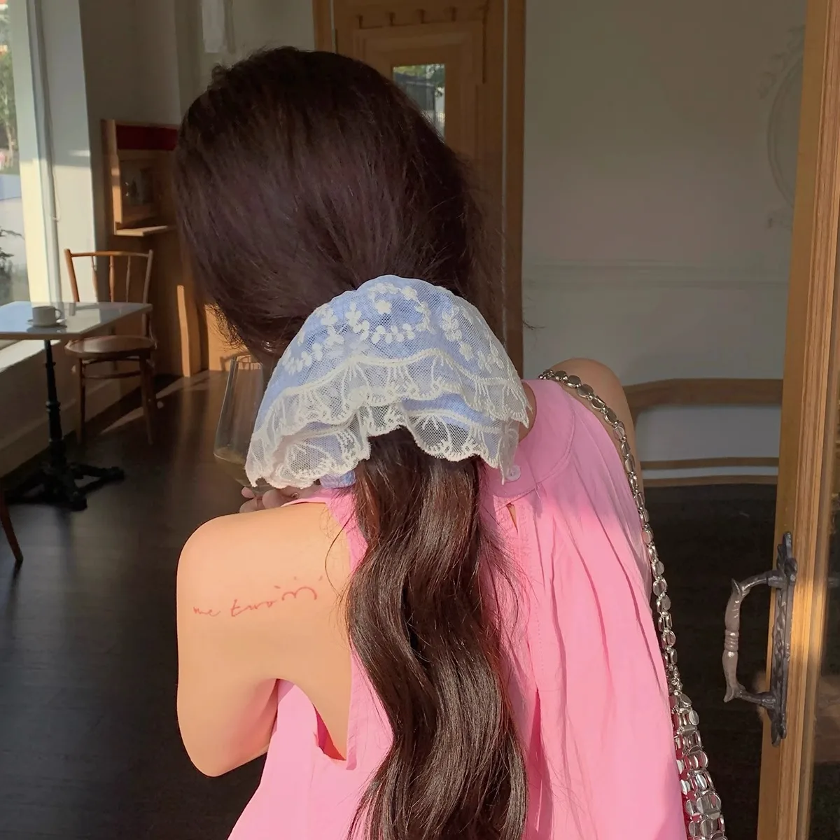 Süße Haargummis für Mädchen, blau kariert, Spitze, zweiteilig, Taschentuch, Haarband, Haargummi, koreanischer Stil, Haargummi, neues Haar-Accessoire