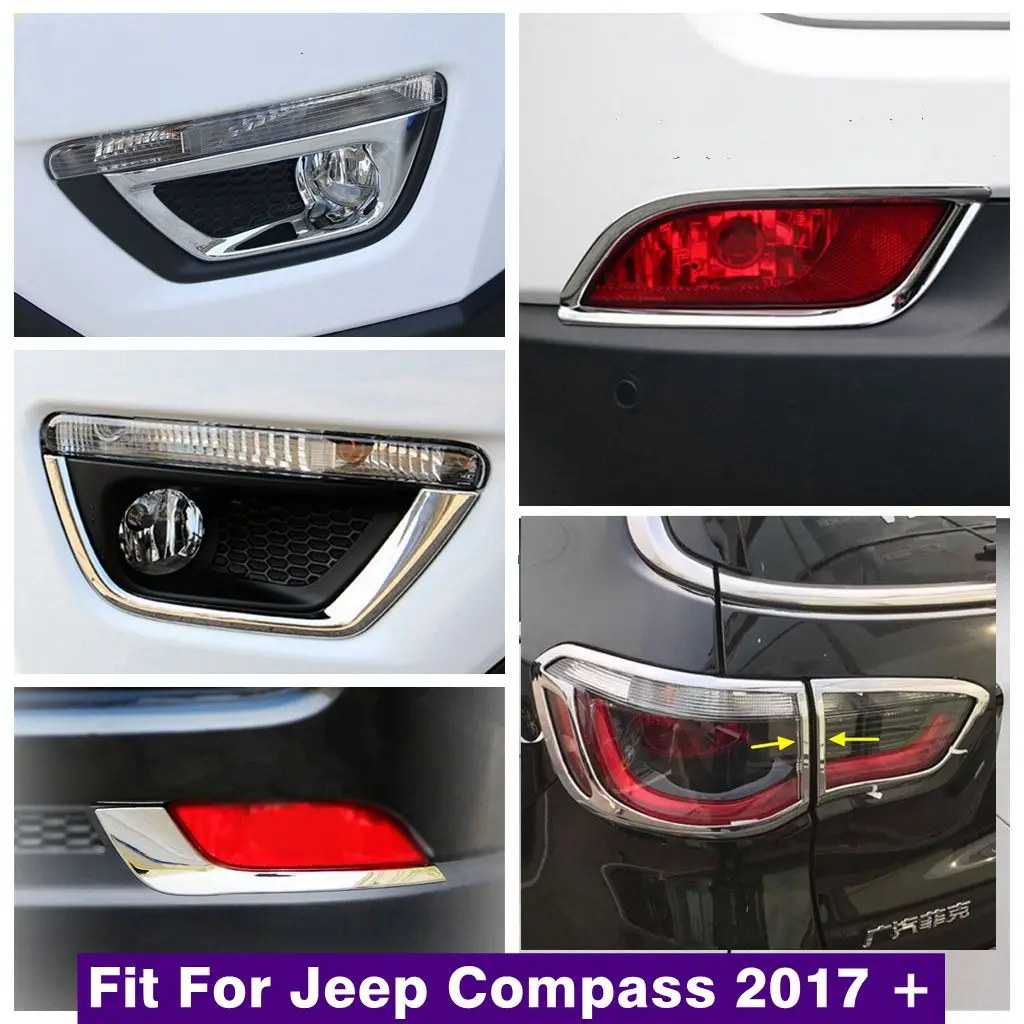 Front + Rear Tail Bumper Fog Lights Eyelid Eyebrow Frame Cover Trim Fit For Jeep Compass 2017 - 2021 Chrome Exterior Accessories