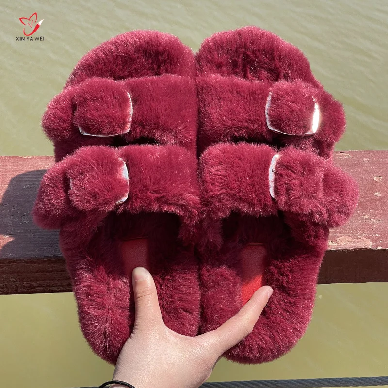 2024 Winter Faux Fur Slippers Women Fluffy Slipper Warm Shoes Woman Slip On Flats Female Slides Pink Cozy Outdoor Furry Slippers