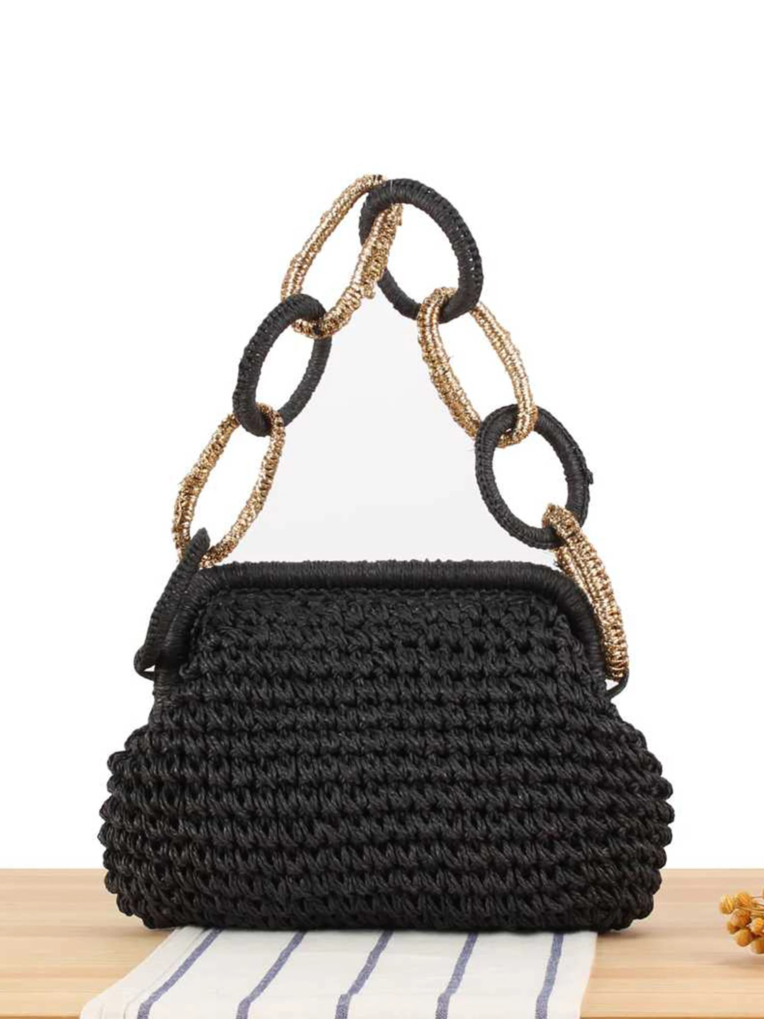 

Casual Cotton Straw Weaving Bag for Women Summer 2025 Soft Handbag No Shoulder Strap No Lock No Inner Pocket Foldable Cloud S...