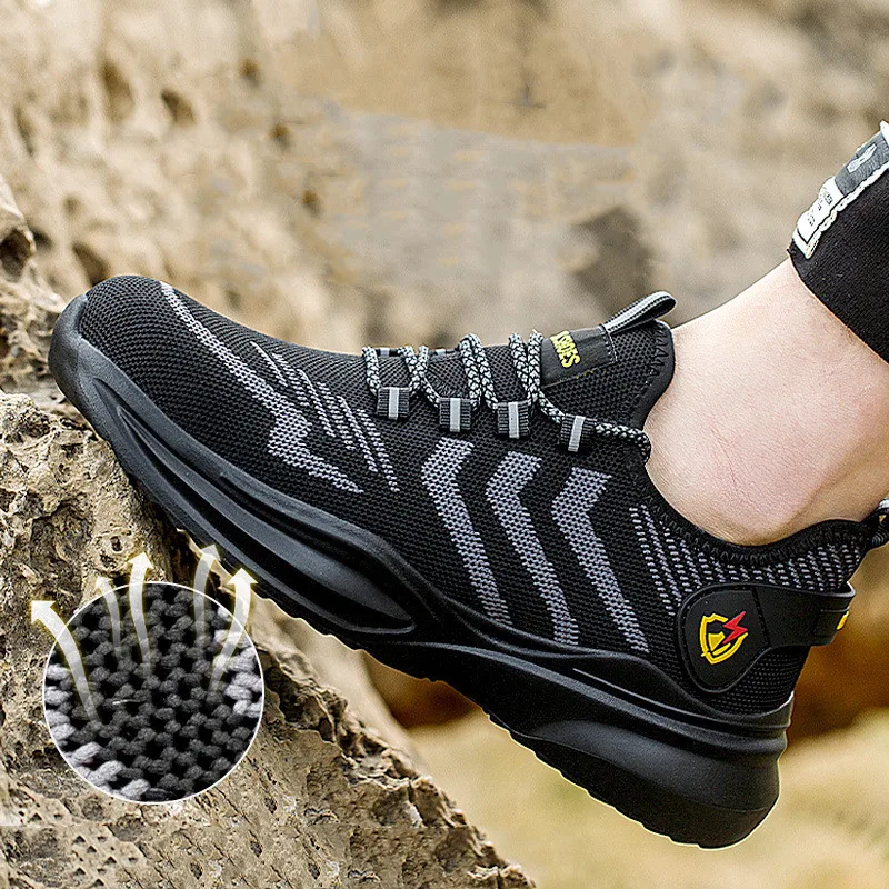 men fashion safety shoes steel toe caps work sneakers air mesh summer tooling security boots worker breathable footwear protect