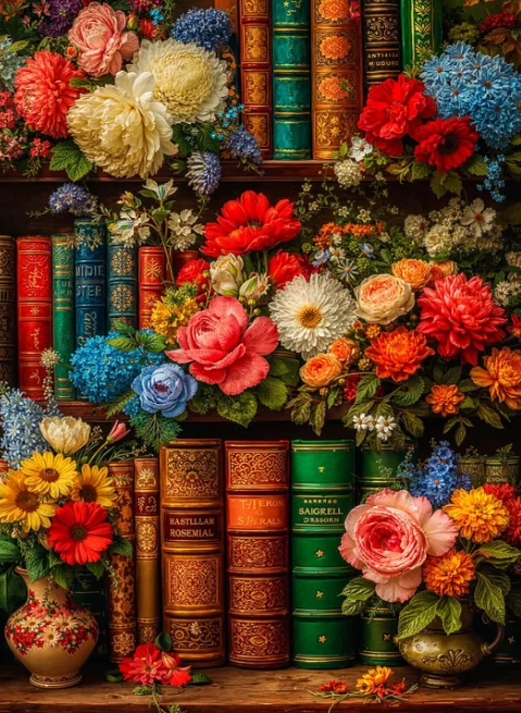 Vintage Bookshelf Floral Still Life Oil Painting By Numbers Unframed Colorful Blooms Old Book Canvas Wall Art Home Decor