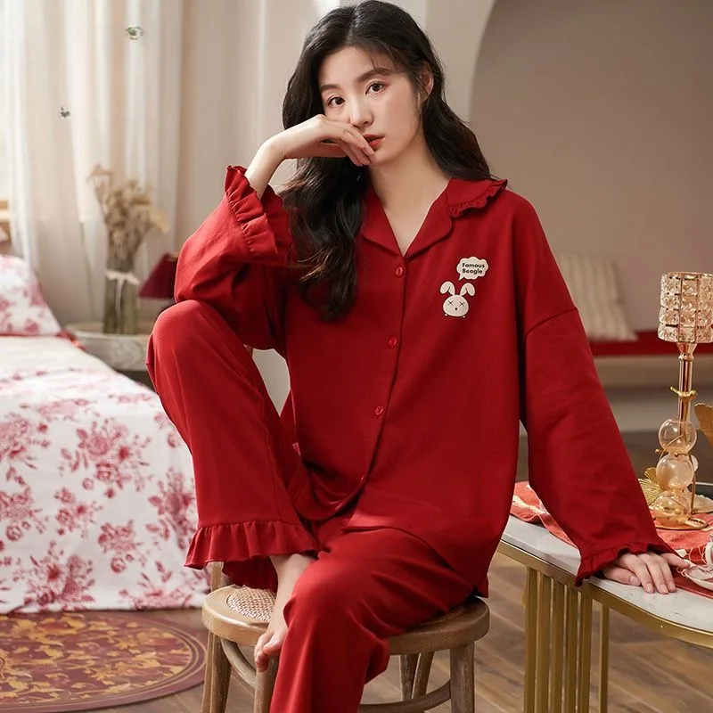 2024 New Pajama Ladies Spring Autumn Sleepwear Cotton Plus Size Loungewear Cute Cartoon Homewear Loose V-neck Falbala Nightwear