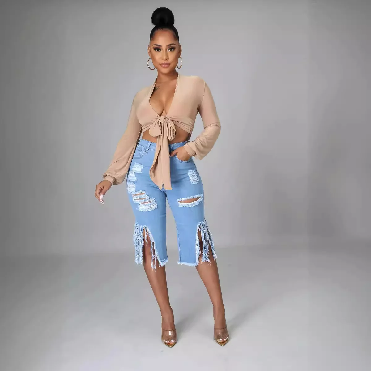 Women High Waist Ripped Hole Knee Length Sexy Jeans Denim Pants Fashion Casual