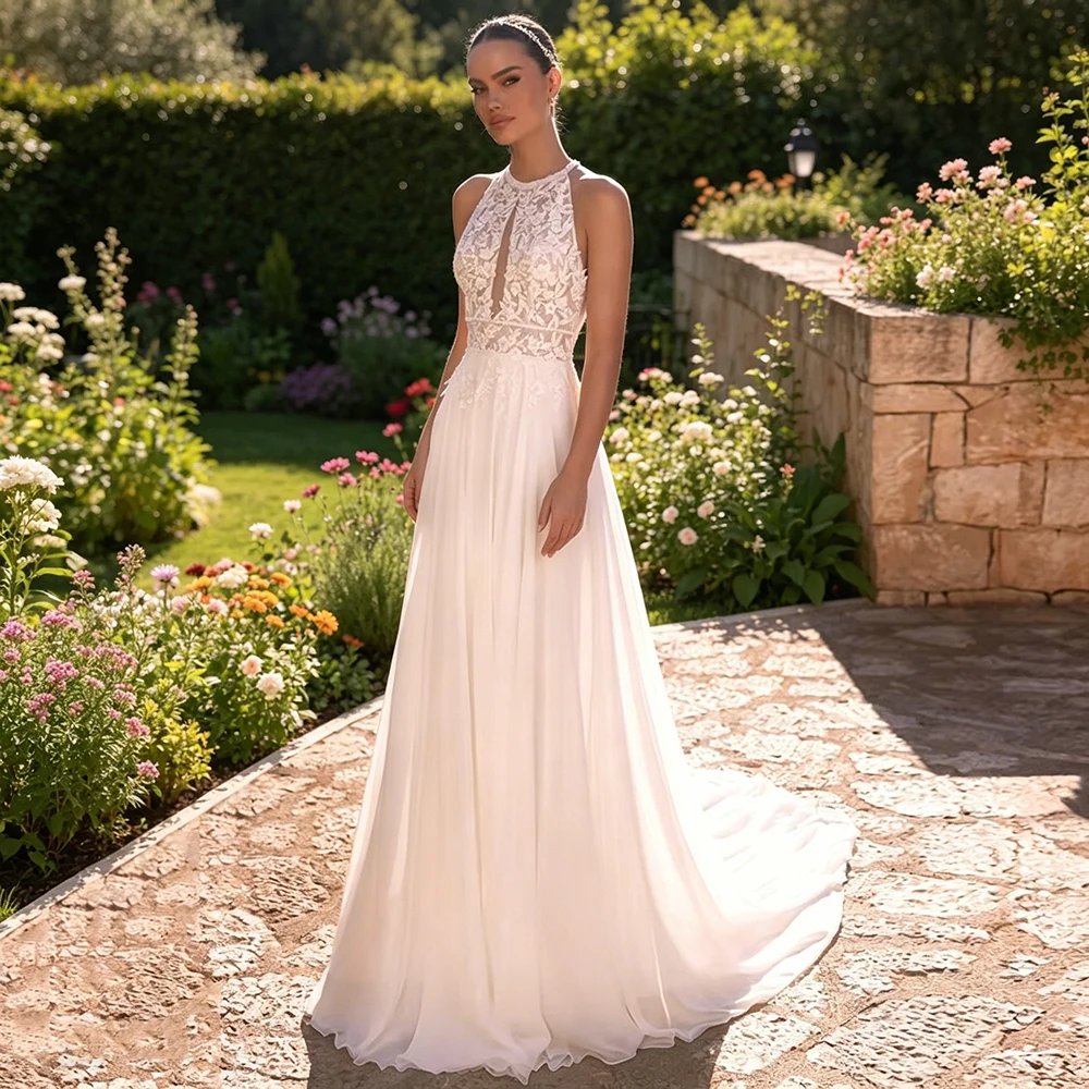 Sexy Sommer-Hochzeitskleid, maßgeschneidert, ärmellos, Neckholder, mit Perlen verziert, Spitzenapplikation, Schleppe, Chiffon, A-Linie, Brautkleid