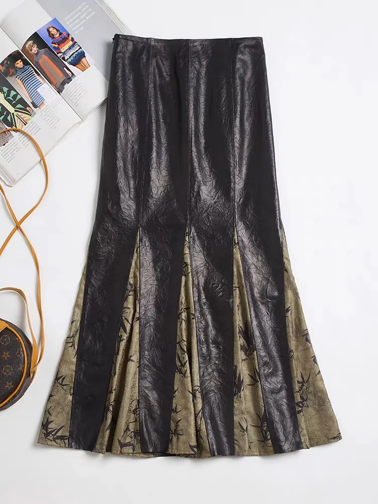 

Genuine Sheepskin Mermaid Skirt Elegant Chinese Style Floral Print Feminine Vintage Long Skirts Harajuku