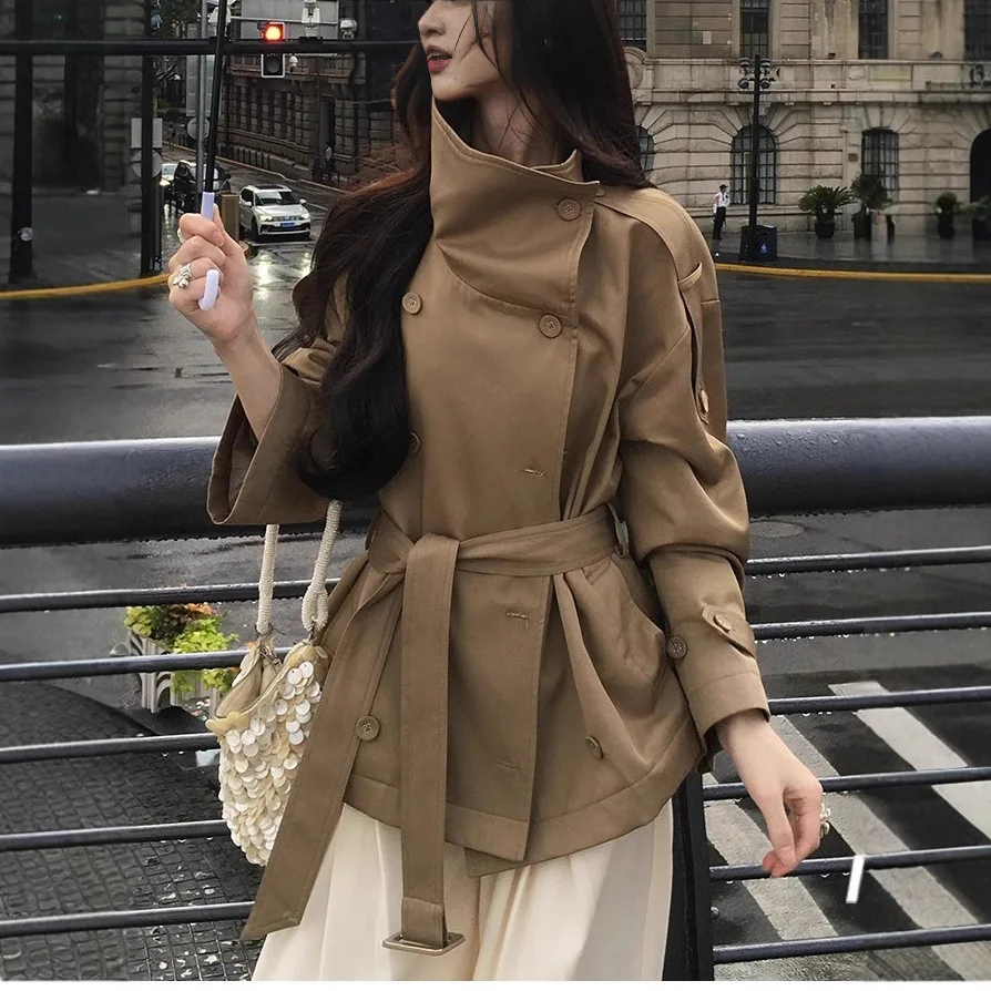 New Stand-up Collar Waist Short Khaki Coat Autumn Trench Coat Women