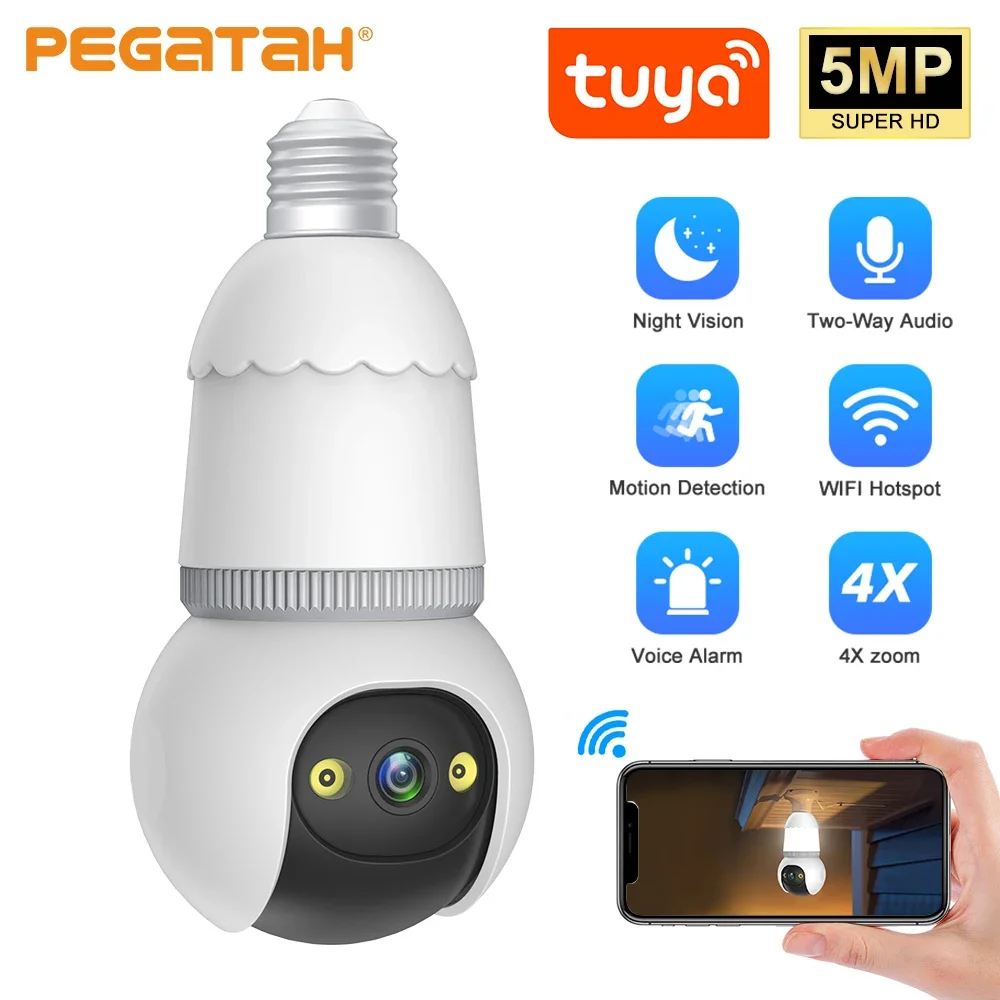 

Tuya 5MP WiFi E27 Bulb Security Camera Wireless Color Night Vision CCTV Auto Human Tracking Video Security Surveillance Camera