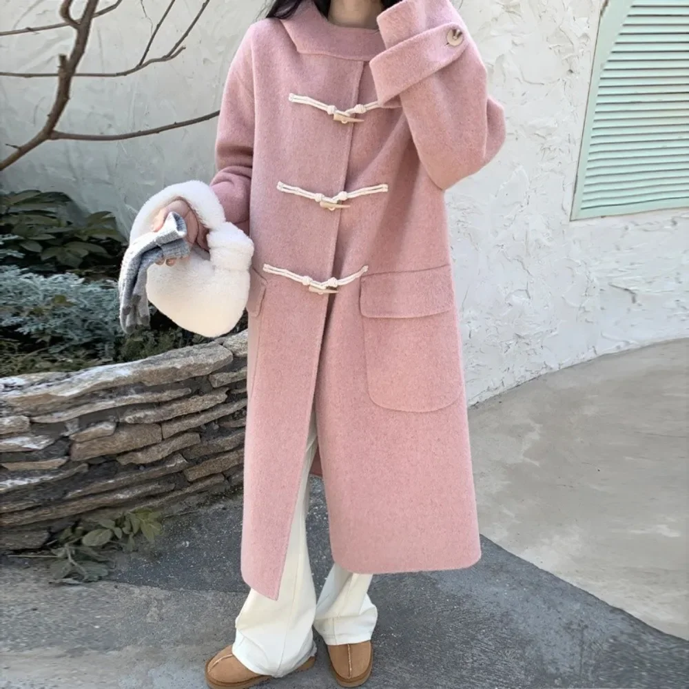 New Loose Horn Button Hooded Fashion Long Sleeve Real Woolen Coat Warm Outerwear Autumn Winter Double-sided Woolen Coat Women