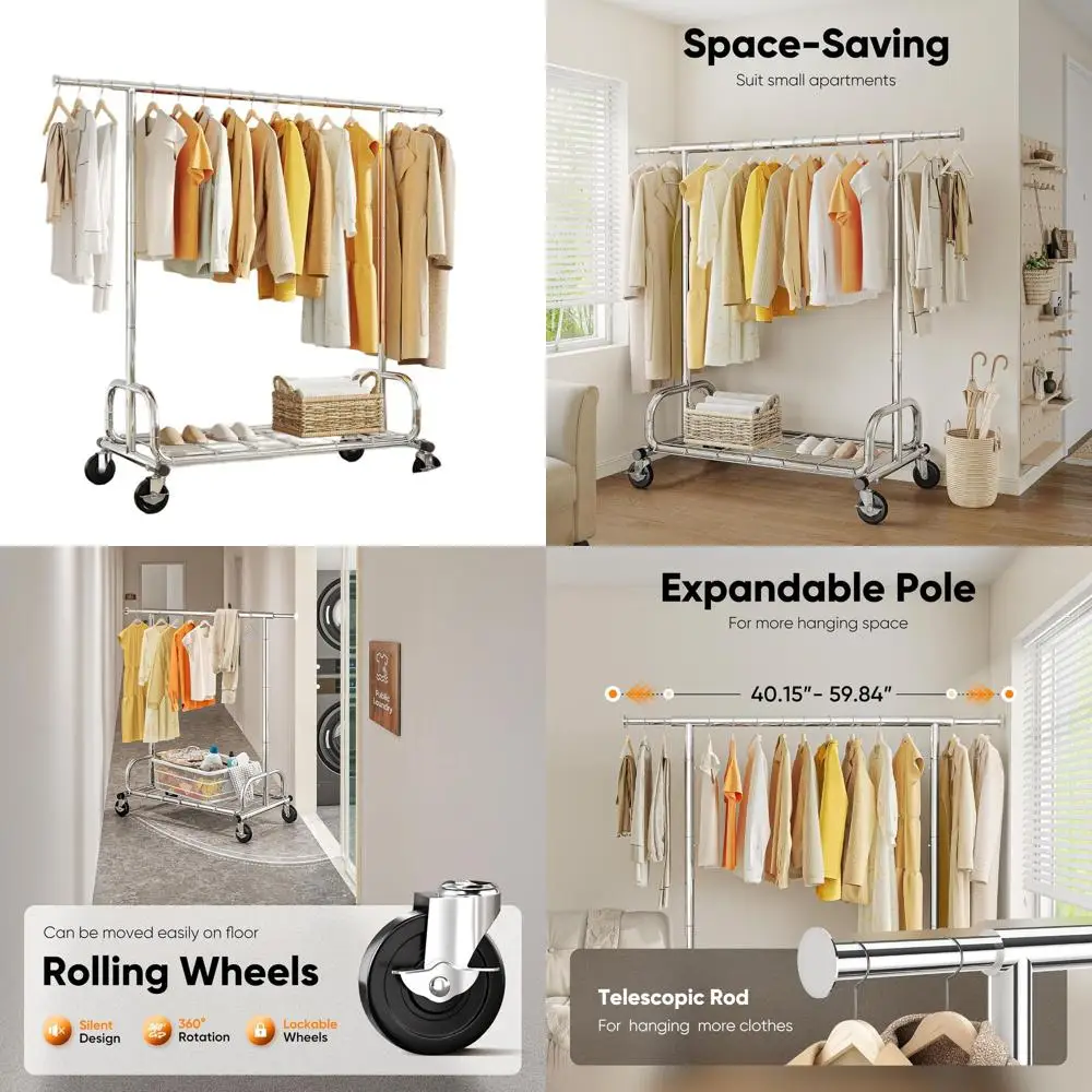 

Portable Heavy-Duty Clothes Rack with Lockable Wheels, Ideal for Home and Commercial Use, 18x59.8x62.9