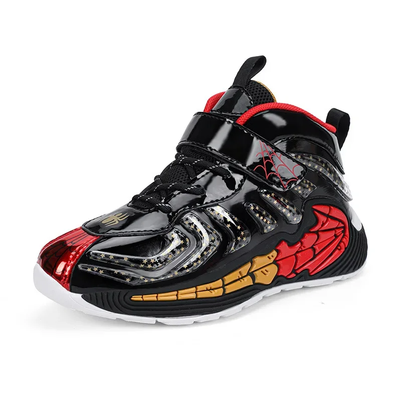 Disney Boys Girls Spider Man Cartoon Basketball Shoes Waterproof Leather Soft Shoes Magic Buckle Non-slip Sneakers Size 27-39