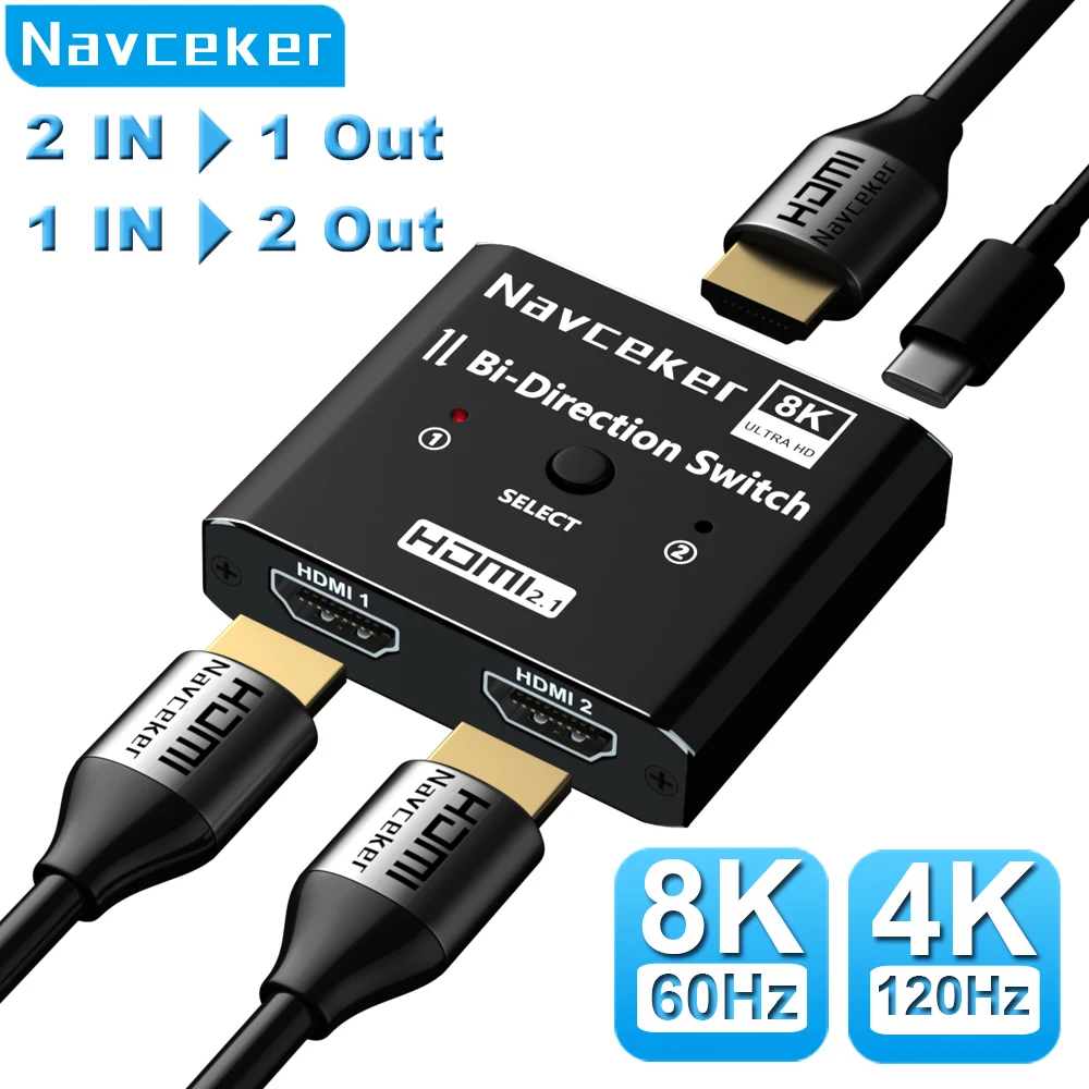 Navceker HDMI 2.1 Splitter Switch 8K 60Hz 4K 120Hz 2 in 1 out for TV Xiaomi Xbox Series PS5 HDMI Cable Monitor HDMI 2.1 Switcher