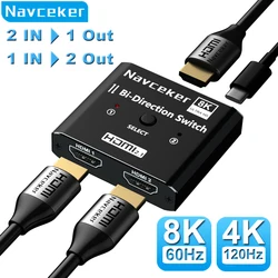 Navceker HDMI 2.1 Splitter Switch 8K 60Hz 4K 120Hz 2 in 1 out for TV Xiaomi Xbox Series PS5 HDMI Cable Monitor HDMI 2.1 Switcher