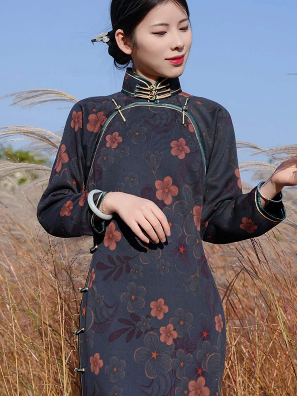 

Элегантное длинное пальто ручной работы с узором «Цветы сливы», мягкое, теплое, для повседневной носки, зимнее, с двойным воротником, из смесового хлопка