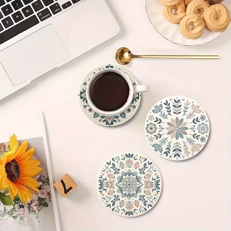 10CM 2D 6PCS Retro Floral Wooden Coasters Coffee Shop Furniture Decorations Gift Desktop Protectors Photo Props Heat Insulation