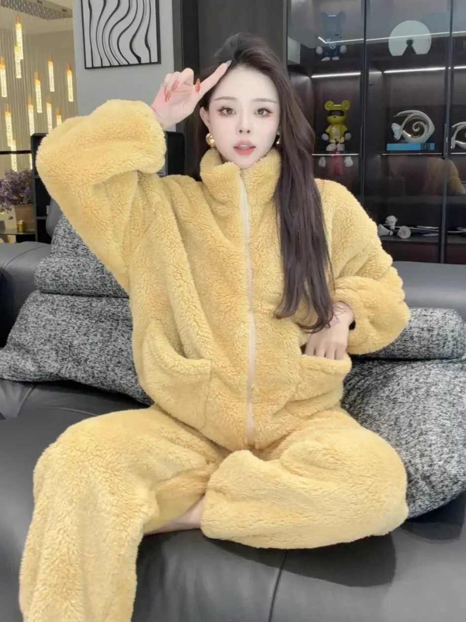 

Thick Coral Fleece Pajamas Women's Two-Piece Set Winter New Style Outdoor Wear Double-Sided Velvet Home Clothes Set