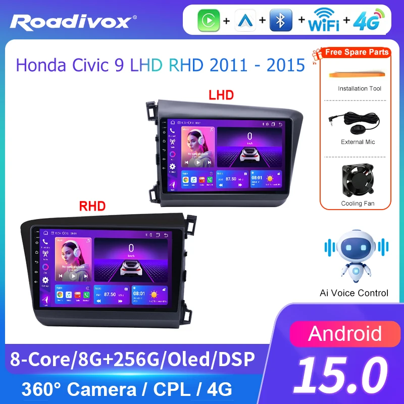 AI VOICE roadivox Android car radio for Honda Civic 9 LHD RHD 2011 2015 stereo GPS Navigation video Multimedia Player tape