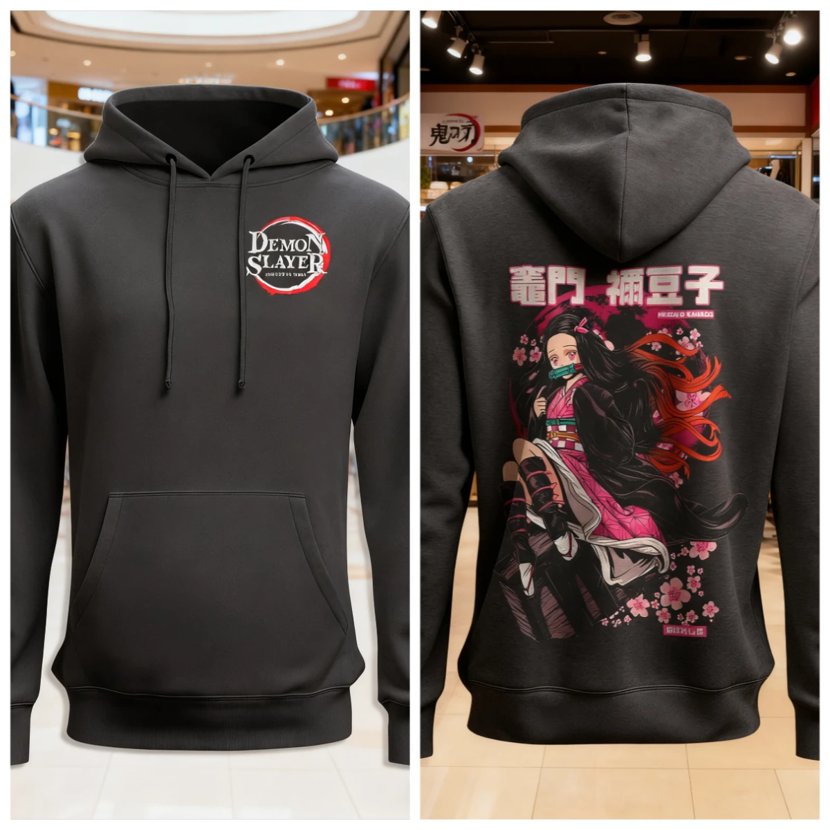 شيطان القاتل أنيمي القطن هوديي اللون الوردي طباعة شخصية مع الشعر الطويل أسود أحمر الزي التقليدي تصميم الظهر عارضة