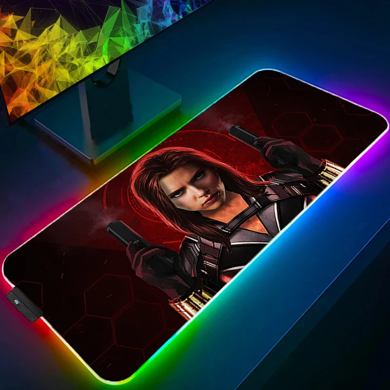 Alfombrilla de ratón RGB, juego de viuda negra, retroiluminación de goma, teclado de Pc, portátil, Kawaii, ordenador, velocidad, LED, alfombrilla de escritorio, accesorios para juegos, alfombrilla para ratón