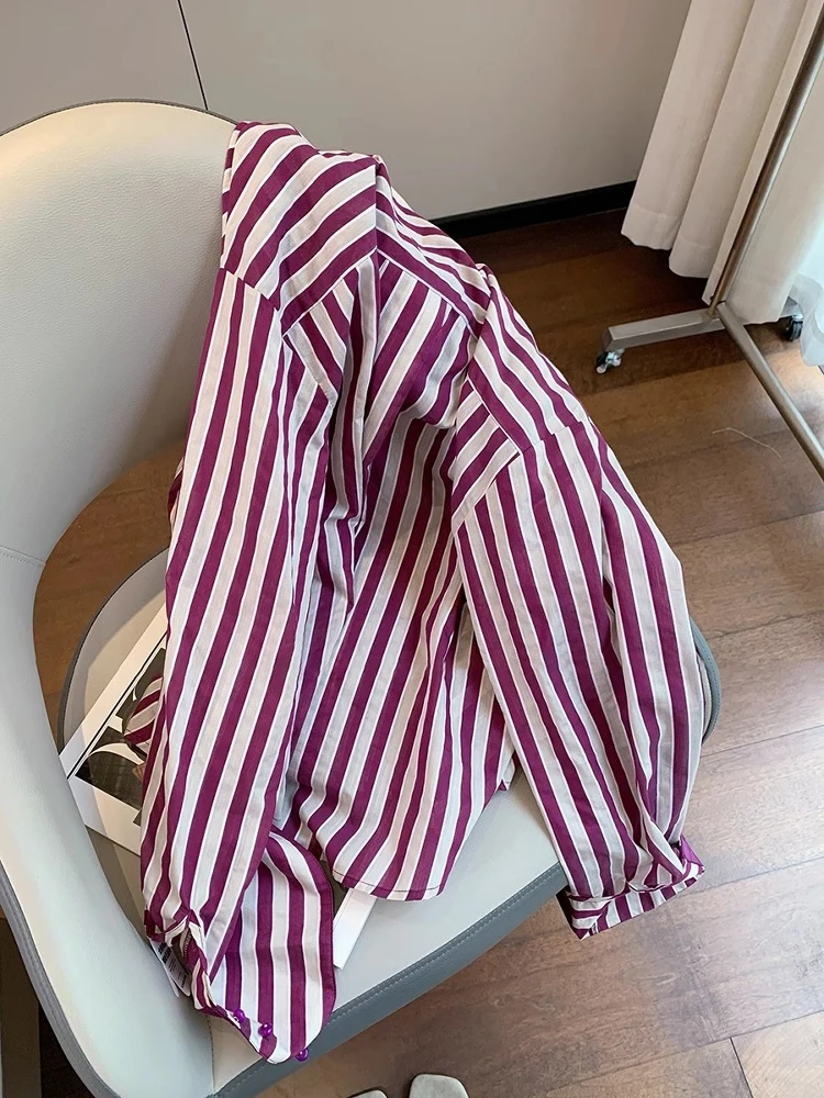 

Retro Korean Faion Thin Stripe Collar irt Loose Fit Men Women Spring Summer High End Feeling Versatile Trendy irt