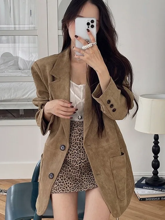 Chaleco de ante elegante, traje informal para mujer, Jaet, un solo botón, suelto, Vintage, Sle, Faion coreano, largo, Sve Busin, para ir al trabajo