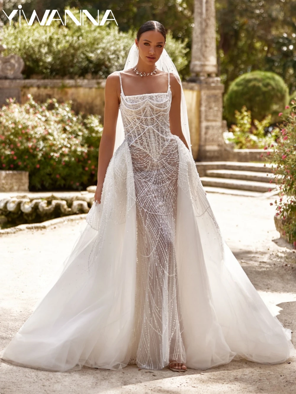 

Detachable Train Beaded Mermaid Long Wedding Dress Square Neck Thin Straps Bridal Gown Customized Luxury Pearl Dresses For Bride