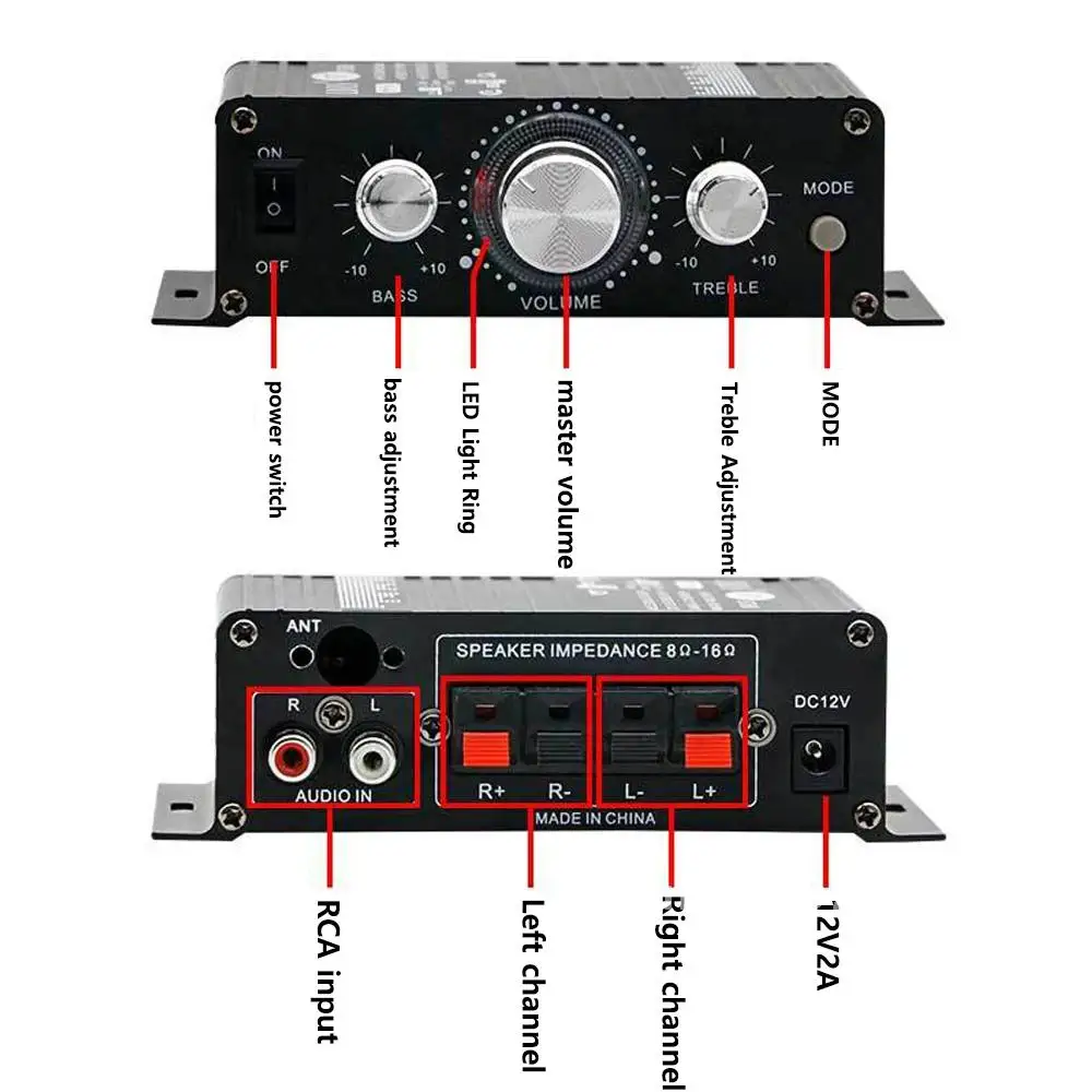 Bluetooth Audio Amplifier 2.0 Channel Output HIFI Mini Amp High Bass Adjustable 30W+30W Support Car/Computer/TV Black 12V2A