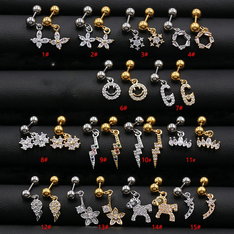 Korean Crystal Ear Bone Nails Cochlear Drop Stainless Steel Thread Thin Rod Flower Earrings Female Simple Heart Cute Women