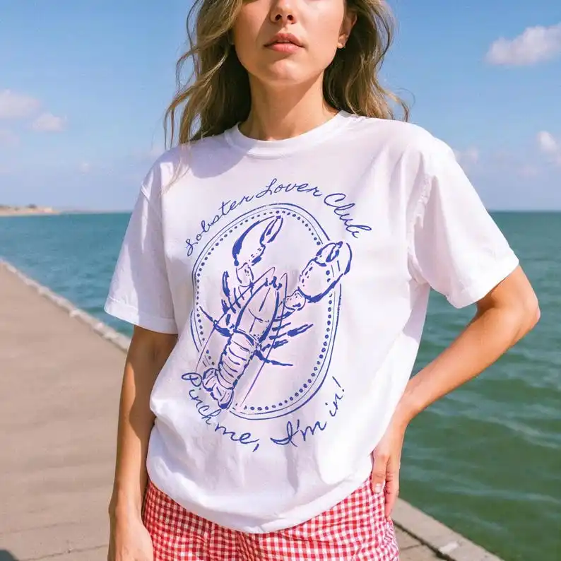 

Рубашка с омаром для женщин, хлопковые рубашки, прибрежная футболка для внучки, летняя футболка в консервативном стиле, футболка с эстетическим рисунком рыбака