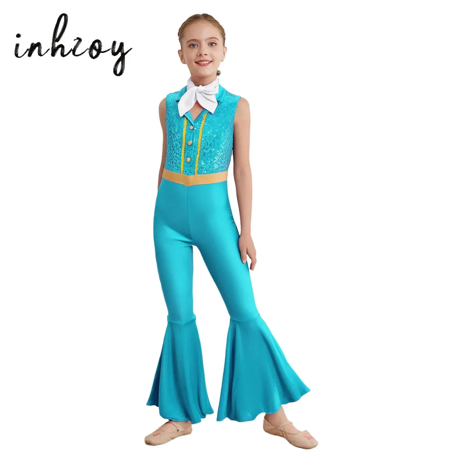 

Kids Girls 70s 80s Jazz Disco Dance Jumpsuit Shiny Sequins Lapel Collar Sleeveless Bell-Bottom Full Body Leotard with Scarf Set