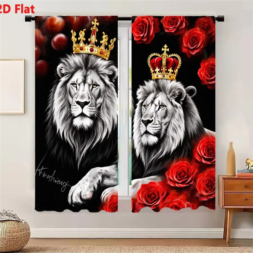 2Pcs Curtains 2D Flat Grayscale Majestic Lions With Golden Crowns And Red Roses Against Black Background Window Drapes for Bedro