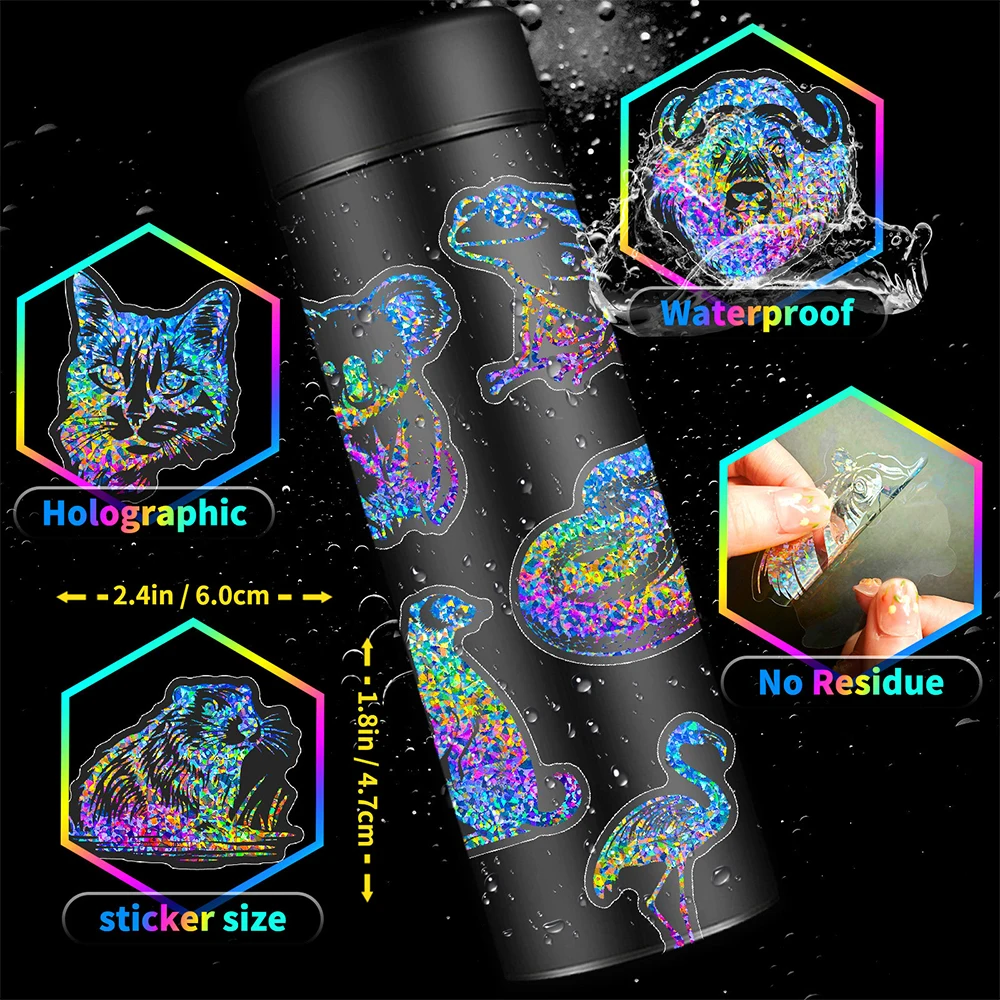 10/30/50pcs Funny Cute Holographic Laser Animal Decals Laptop Suitcase Phone Fridge Car Cartoon Cool Decoration Sticker Kids Toy