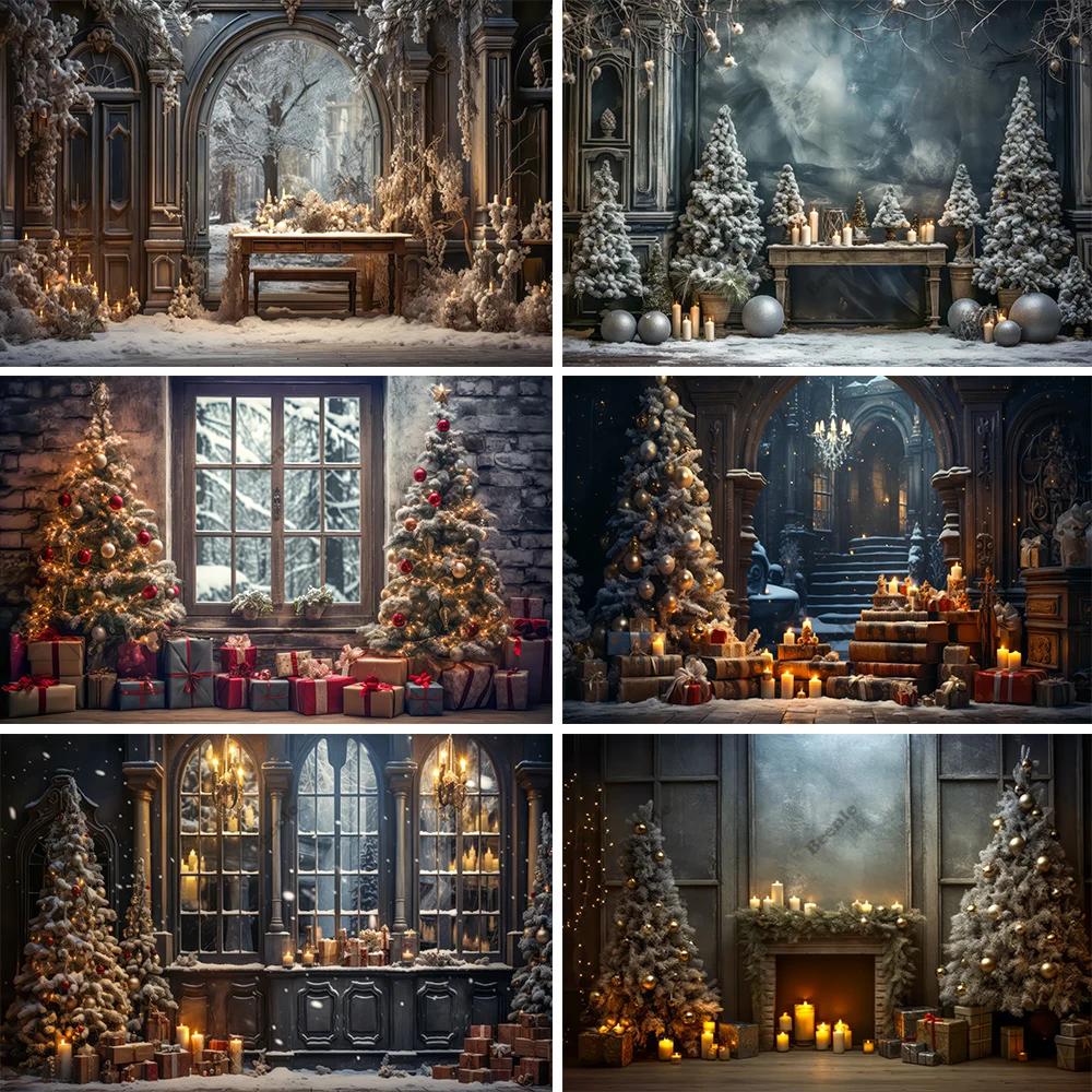 Beenle Christmas Photography Background Winter Xmas Tree Fireplace Gifts Family Party Decor Baby Portrait Backdrop Photo Studio