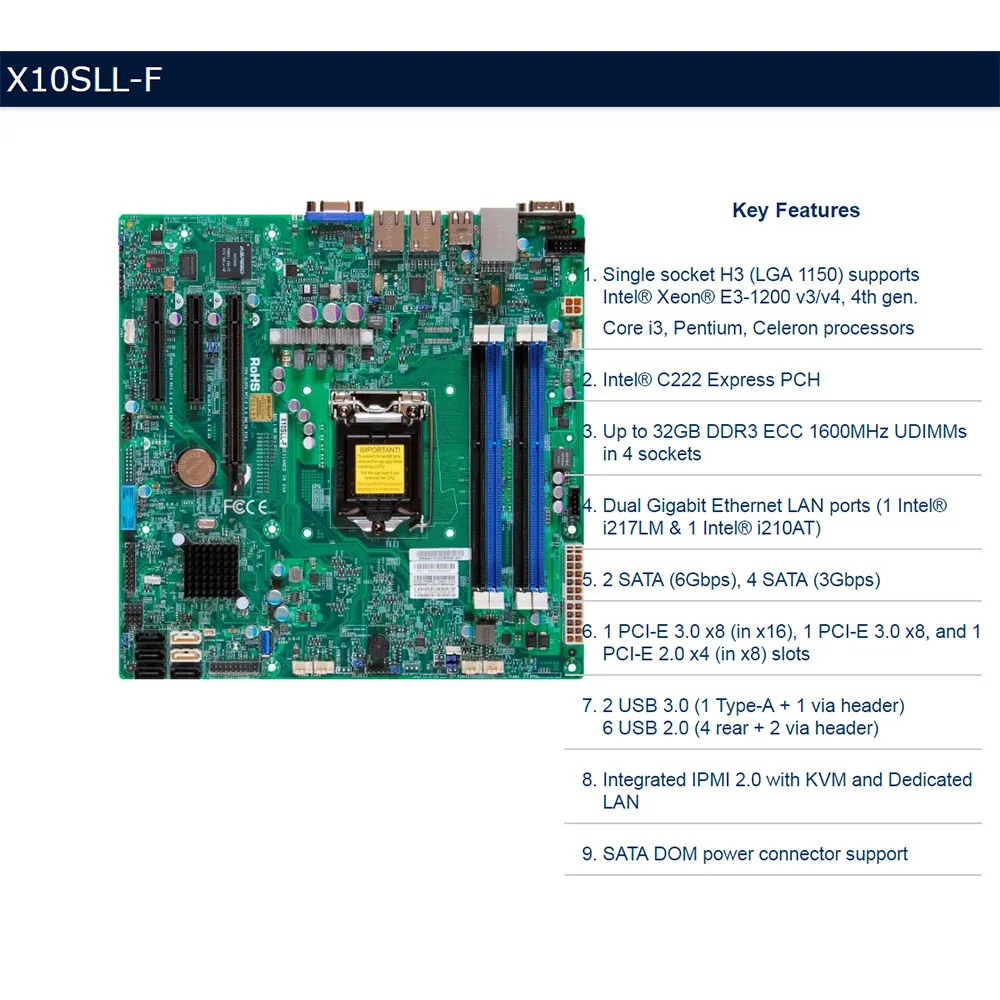 

For Supermicro Server microATX Motherboard LGA 1150 Intel C222 Support E3-1200 v3/v4 DDR3 PCI-E 3.0 X10SLL-F
