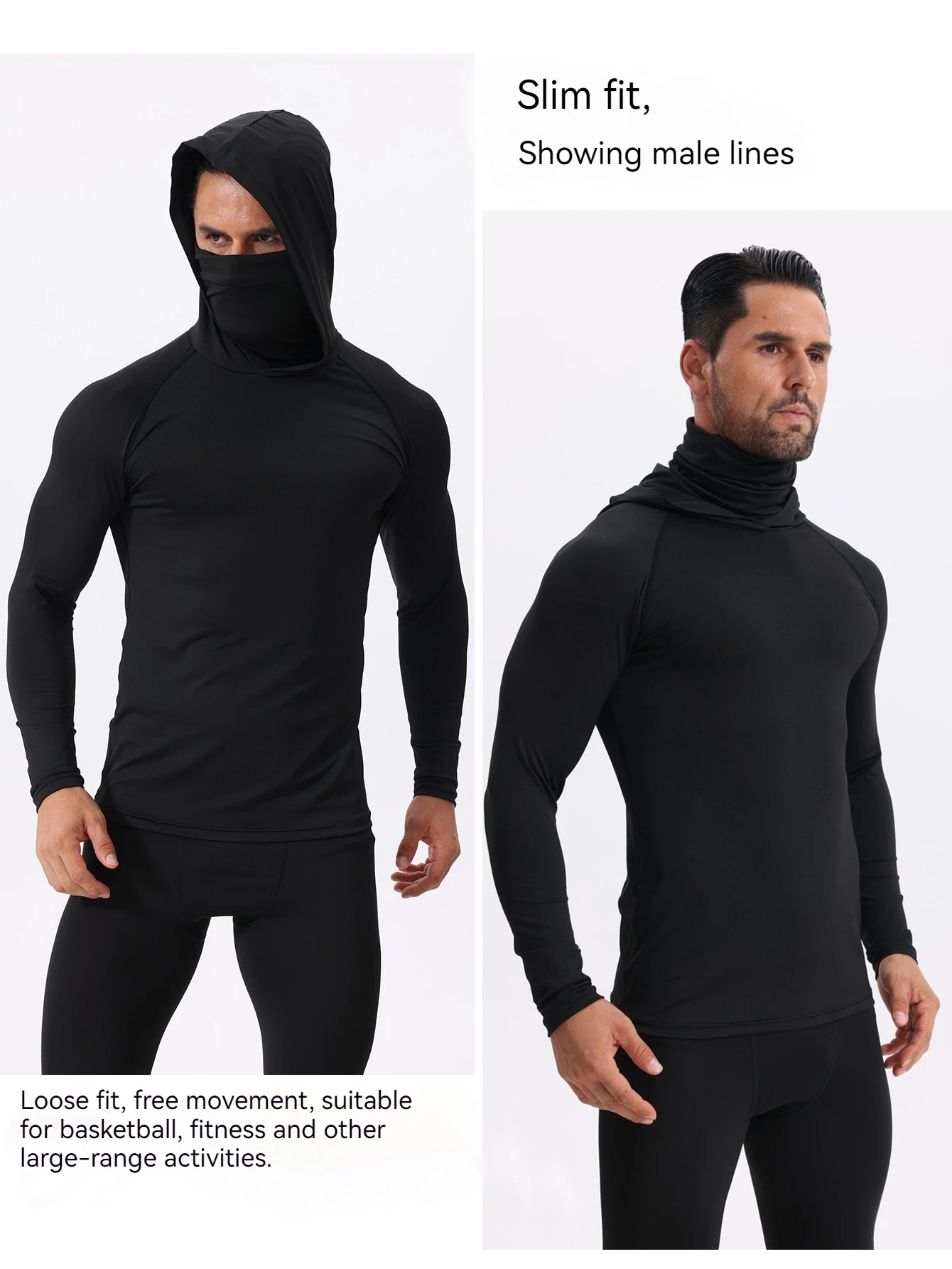Herren Fitness Gym Shirts Kompressions-Sport-T-Shirt mit Kapuze Lauf-T-Shirts mit Maske Langarm Bodybuilding-Oberteile Herren Sportbekleidung – Detail 7