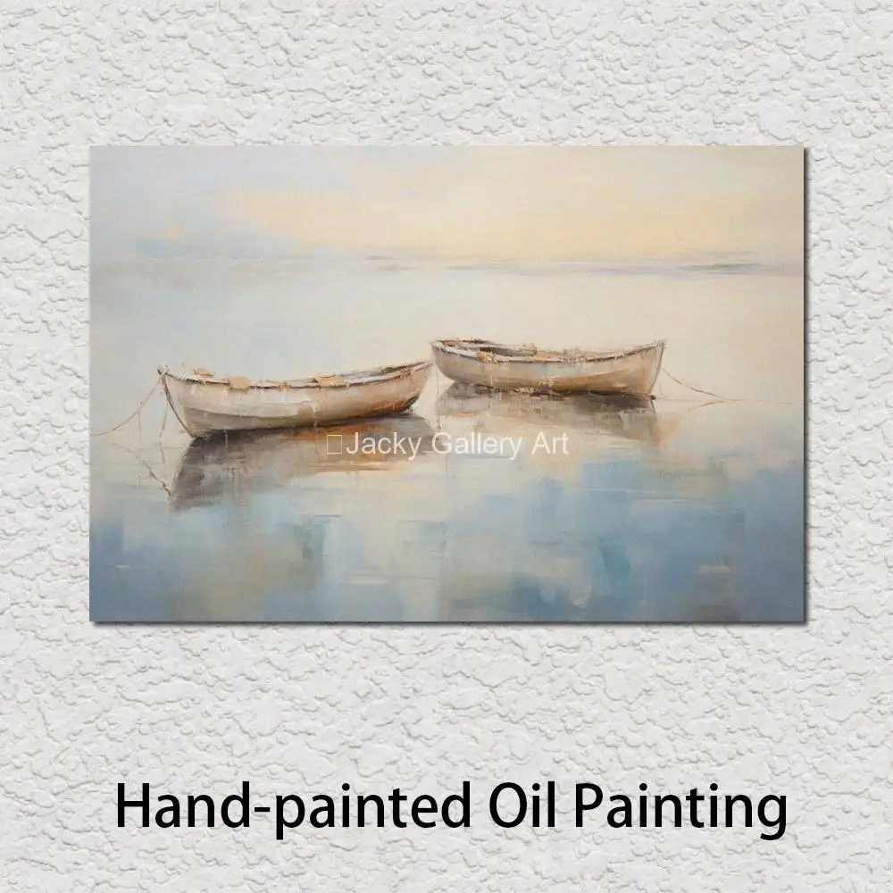 

Seascape Modern Abstract Canvas Art Boats Clam Sea Handmade Oil Painting Contemporary Wall Decor for Living Room High Quality