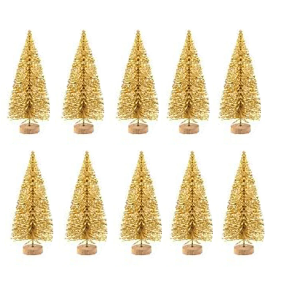 10pcs Mini Sisal Snow Frost Christmas Trees Winter Snow Ornaments Tabletop Trees Golden Mini Decorative Christmas Tree Ornament