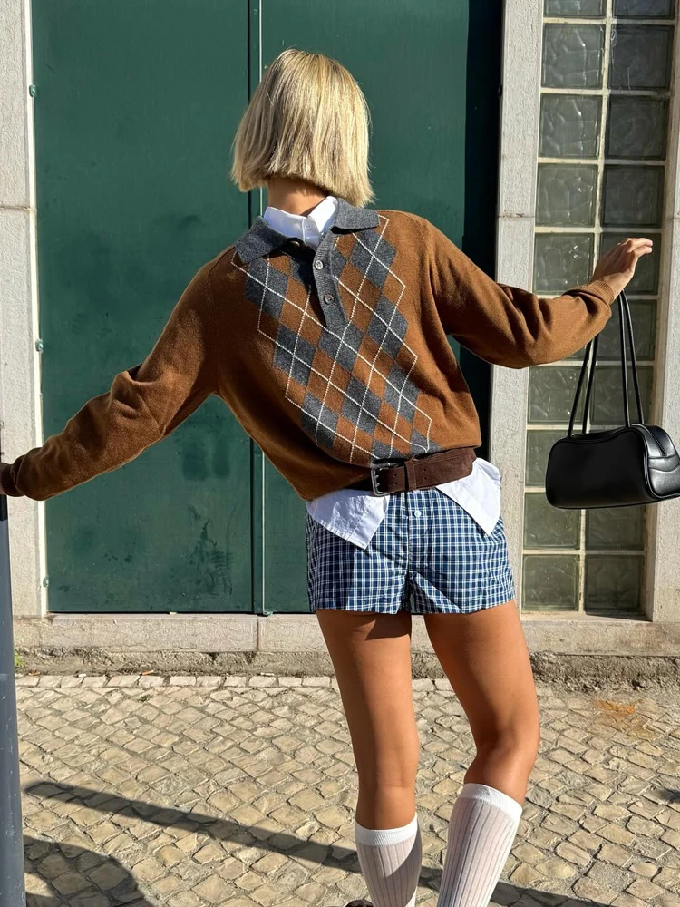 

HH 2025 Women Fashion Solid Turn-down Collar Knitted Diamond Loose Pullover Long Sleeves Button Autumn Sweater Cozy Tops Mujer