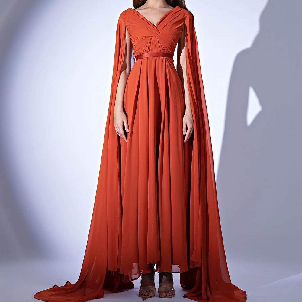 

Temperament Ankle Length V-Neck Chiffon Sleeveless Pleats Evening Dress Classic Watteau Train Photo Color vestidos de fiesta